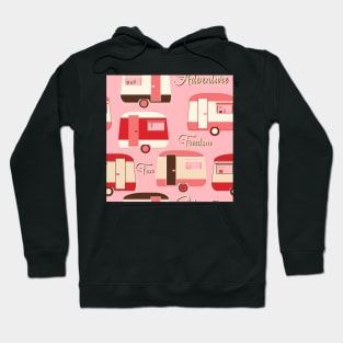 Repeat pattern of vintage caravans in retro colours on pink Hoodie